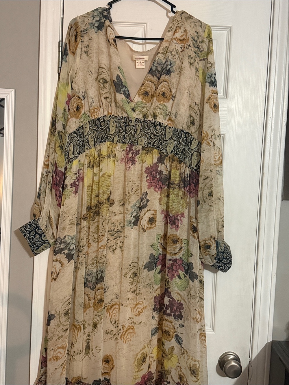 Sundance Cream Floral V-Neck Midi Dress with Navy Paisley Trim